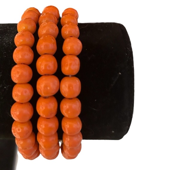 MCM Coral Colored Glass 3 Strand Necklace and Bracelet Set - Picture 2 of 3